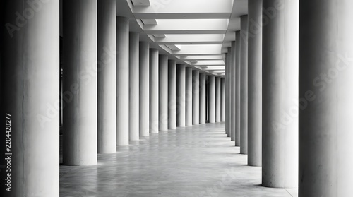 Long corridor with rows of tall stone columns in a classic architectural building