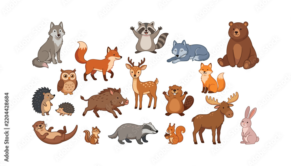 Obraz premium Cute woodland animal cartoon character set with funny forest wildlife bear fox deer wolf raccoon beaver and hedgehog isolated