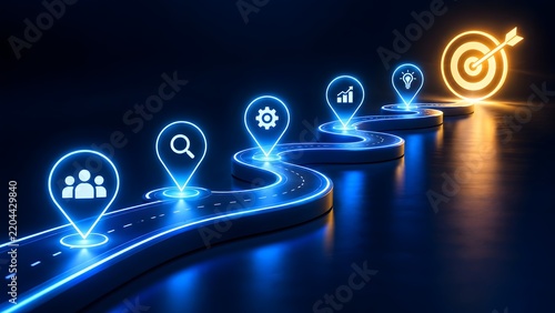 Illuminated business roadmap path with milestone icons leading to glowing target for strategy and success concept