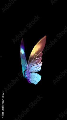 Vertical Colorful Iridescent Fairy Butterfly Wings Flapping on Black Background