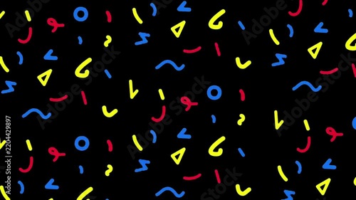 Memphis Style Abstract Geometric Shapes Animation on Black Background