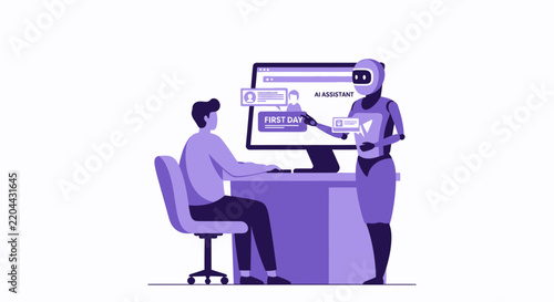 AI Robot Assistant Training Human Employee for Digital Onboarding on First Day in Modern Office Vector Illustration