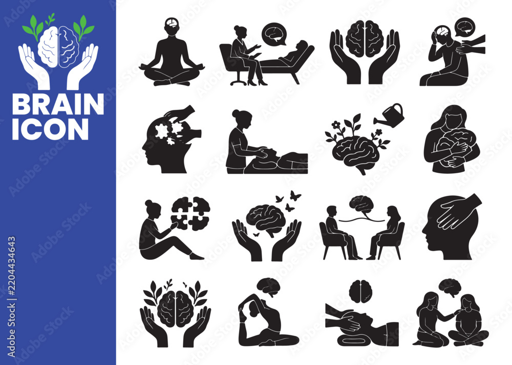 Fototapeta premium Mental health and therapy icons OOF psychology and mindfulness vector set