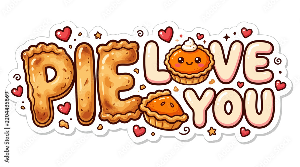 Fototapeta premium Cute and funny pie love you lettering with kawaii pies and hearts sticker vector illustration