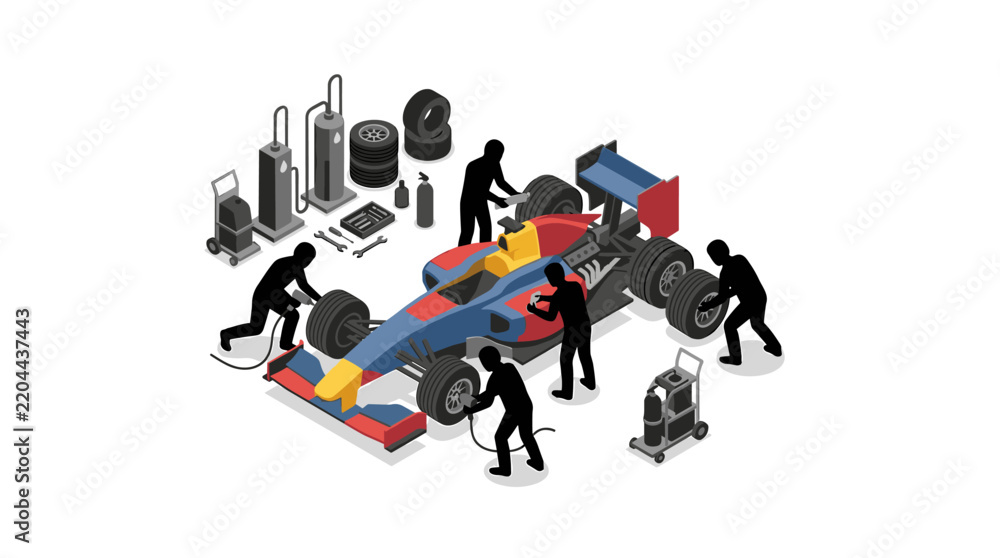 Naklejka premium Isometric vector illustration of a formula racing car during a pit stop with mechanics changing tires and refueling, featuring professional pit crew silhouettes and equipment.