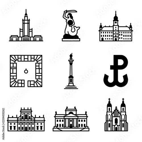 Warsaw city landmarks and symbols black line icon set vector