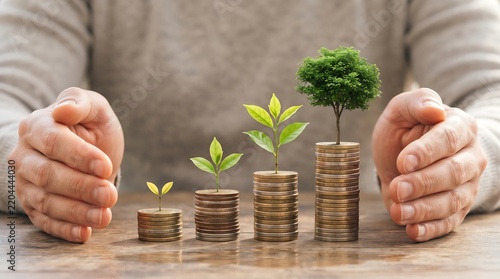 Hands protecting growing plant saplings on rising stacks of coins as a financial investment concept with stack of coins wealth growth money saving business security coin stack