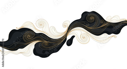 Abstract fluid art with black and cream swirling waves of elegant flowing lines.