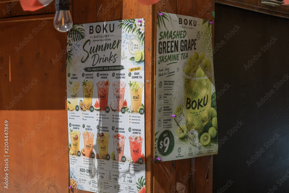 Obraz premium drinks menu outside BOKU Japanese Eats + Drinks, a Japanese restaurant, located at 42 Gristmill Lane, Distillery District, Toronto