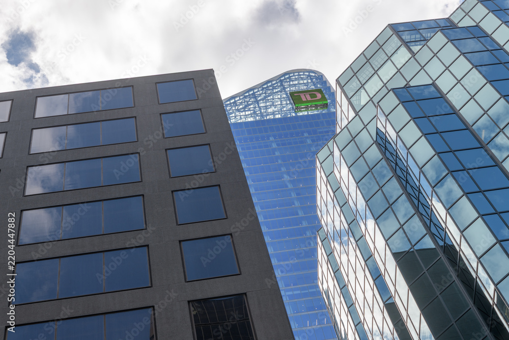 Obraz premium modern office buildings in Toronto, including TD Terrace with logo sign, 160 Front St W (viewed from Emily St and Wellington St W)