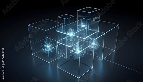 Abstract Futuristic Transparent Glass Cubes Displaying Digital Network Data Nodes Concept