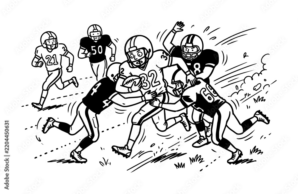 Fototapeta premium American Football Match Sketch with Players Tackling Ball Carrier on Field.