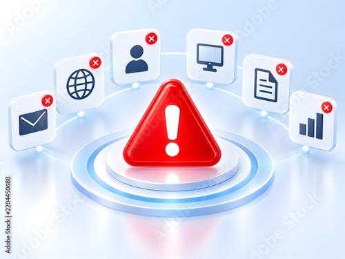 Digital alert system with warning sign and notification icons for errors or problems representing system failure or security breach