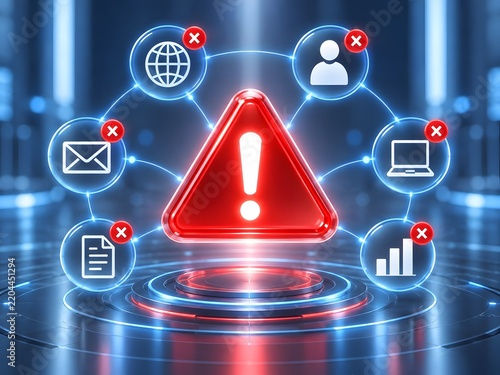 Digital warning alert system with interconnected icons for email user laptop and analytics signifying system error or failure.