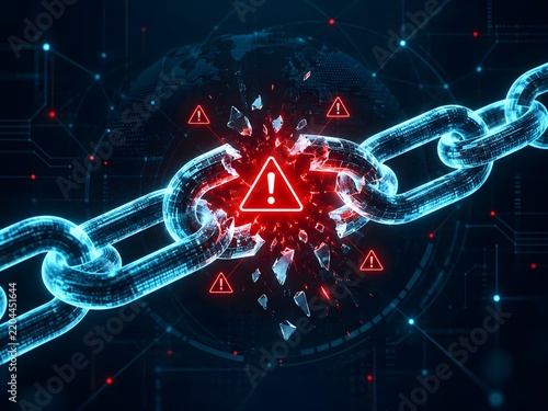Broken digital chain link with warning symbols and abstract network background concept of data security breach or system failure