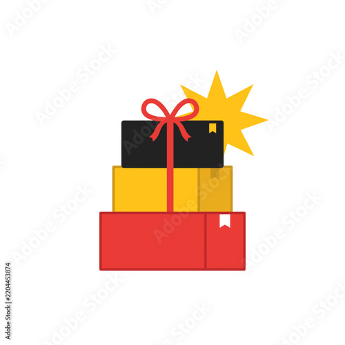 Stack of colorful gift boxes tied with a red ribbon and a yellow starburst graphic element PNG Isolated on transparent background