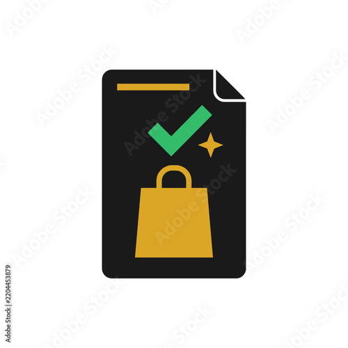 Shopping bag with a checkmark and star on a document icon representing successful purchase or order completion PNG Isolated on transparent background