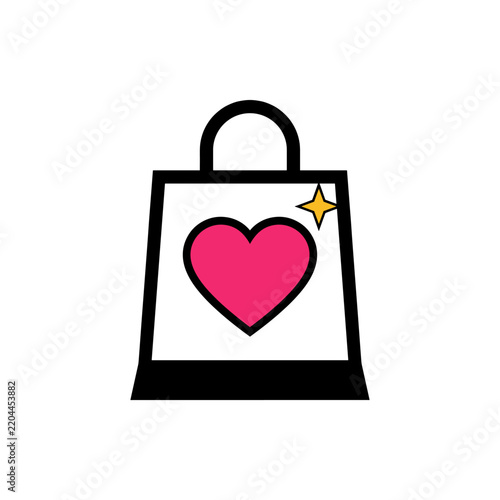Shopping bag with a pink heart and a yellow star symbol, vector illustration PNG Isolated on transparent background