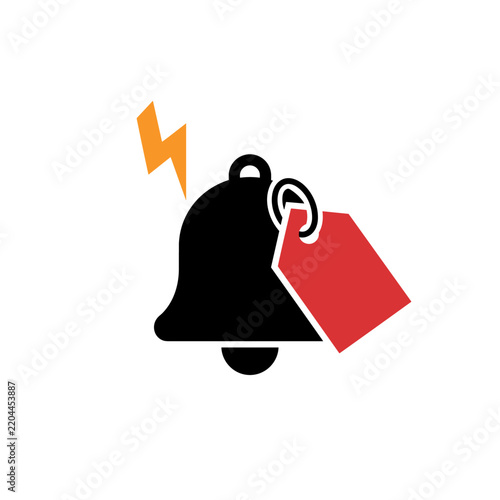 Alert notification bell with red tag and lightning bolt symbol for urgent sale or announcement PNG Isolated on transparent background