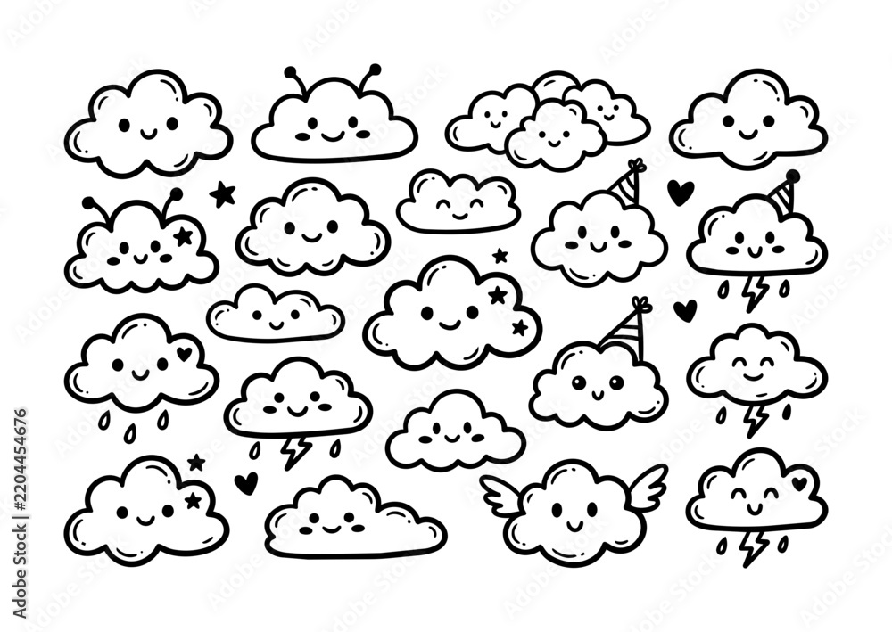 Obraz premium Cute Cartoon Cloud Doodles Collection with Happy Facial Expressions.