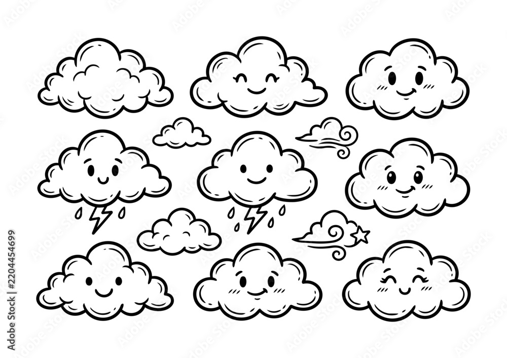 Fototapeta premium Cute Cartoon Cloud Doodles Set with Happy Faces Weather Elements and Lightning.
