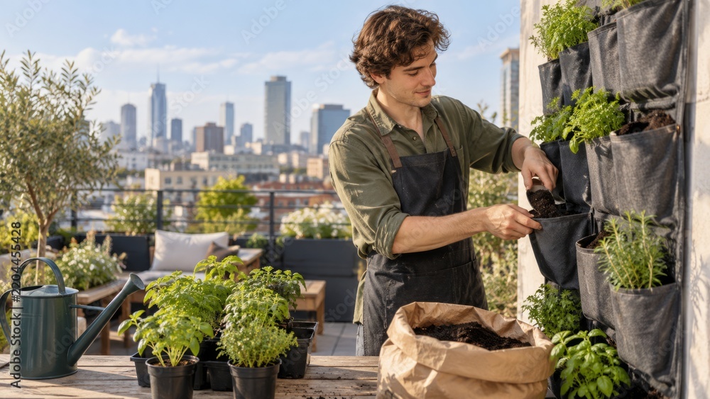 Obraz premium Young man preparing vertical herb planter on urban rooftop garden with city skyline view. concept of urban gardening, sustainable living, and eco-friendly practices