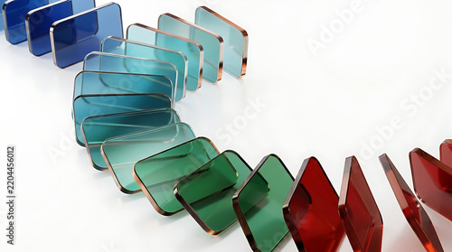 abstract rainbow gradient glass tiles arranged in a falling domino effect in white surface