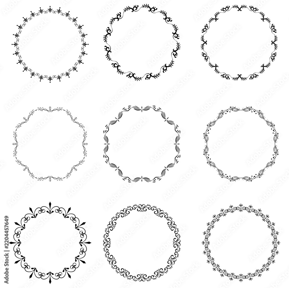 Fototapeta premium Set of nine decorative circular frames with ornate floral flourishes and intricate swirl patterns on a white background