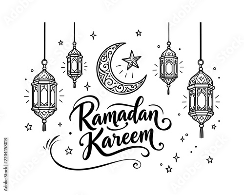 Beautiful Hand Drawn Ramadan Kareem Greeting Card With Hanging Lanterns