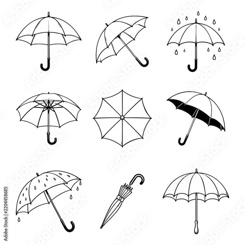 Various Hand Drawn Open And Closed Umbrellas For Rainy Season