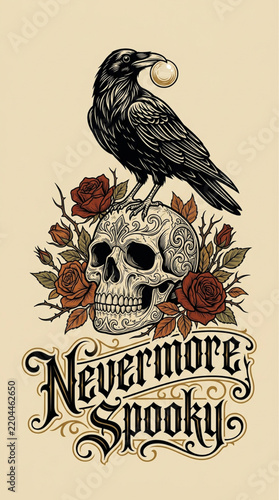 Vintage gothic raven perched on skull with red roses, Nevermore Spooky typography, dark academia bird and floral vector illustration