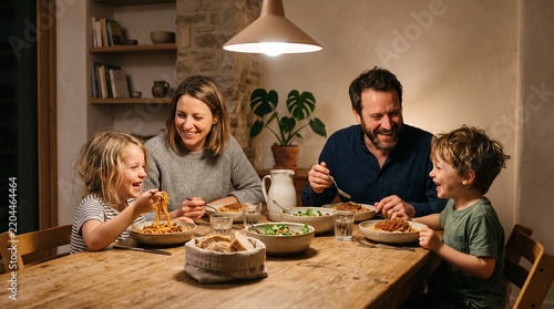 Happy family enjoying a delicious spaghetti dinner together at a rustic wooden table in a cozy home setting