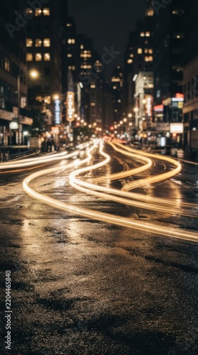 Long exposure night city street with glowing car light trails on wet asphalt