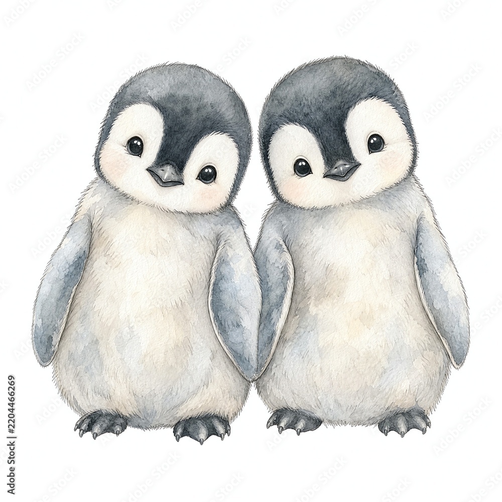 Fototapeta premium Two Baby Penguin Chicks Side By Side Watercolor Illustration