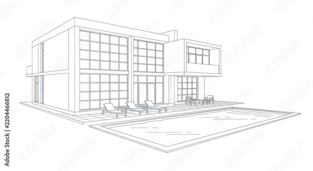 Fototapeta premium Modern Architectural Sketch of a Luxury Villa with Pool.