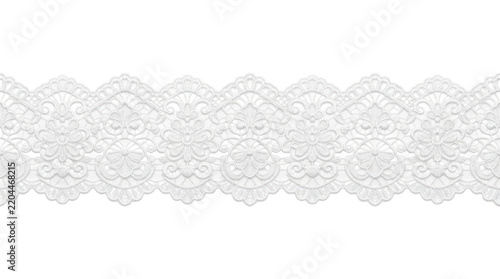 White floral lace trim with scalloped edge on white background