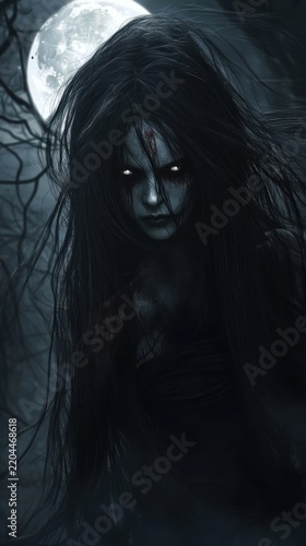 Mysterious woman with glowing eyes at night