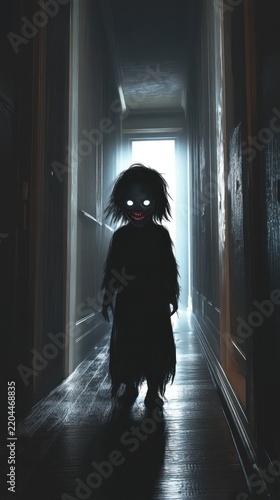 Creepy figure in a hallway with glowing eyes