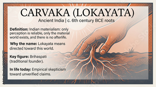 Conceptual illustration of Carvaka Lokayata philosophy featuring an earthy hand grasping intricate root systems against a warm orange gradient background