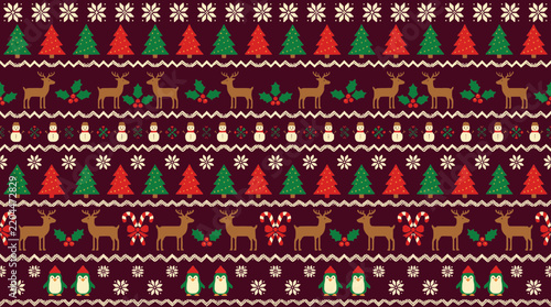 Ugly Christmas sweater seamless pattern vector, festive holiday knitted texture with reindeer and pine trees, winter fair isle background with snowmen and penguins for gift wrapping paper