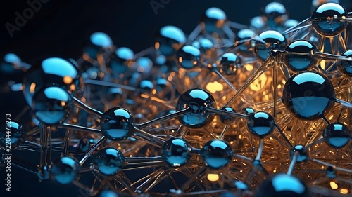Abstract 3D metallic blue and gold spheres network connection structure render