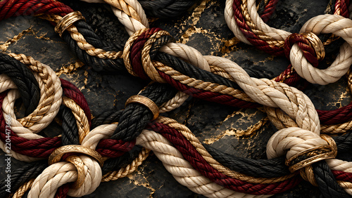 Burgundy Black and Ivory Rope Knots on Luxury Black Stone Background
