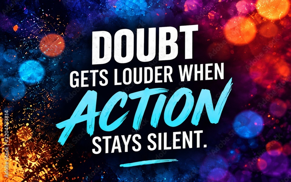 Fototapeta premium Motivational quote design about taking action to overcome doubt, featuring vibrant abstract background and bold typography for inspiration and personal development themes.