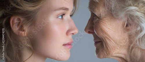 Young and senior woman looking at each other close up