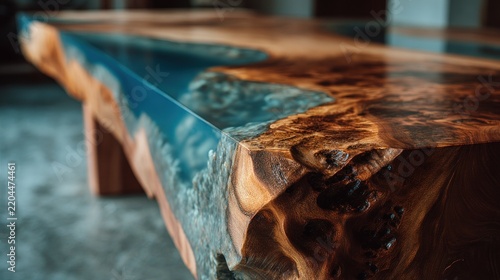 Close up of a handcrafted wooden table with resin