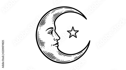 Vintage Hand Drawn Crescent Moon with Human Face and Star Illustration Isolated on White Background