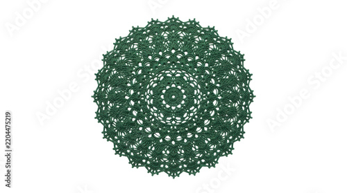 Round forest green intricate crochet mandala doily on white background