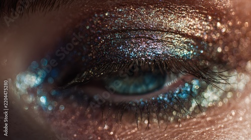 Close up of an eye with colorful glitter makeup