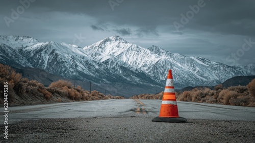 Road cone on empty road with mountain background