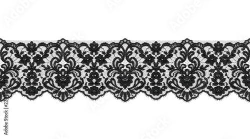 Elegant black floral lace trim border with intricate scalloped edge on white background
